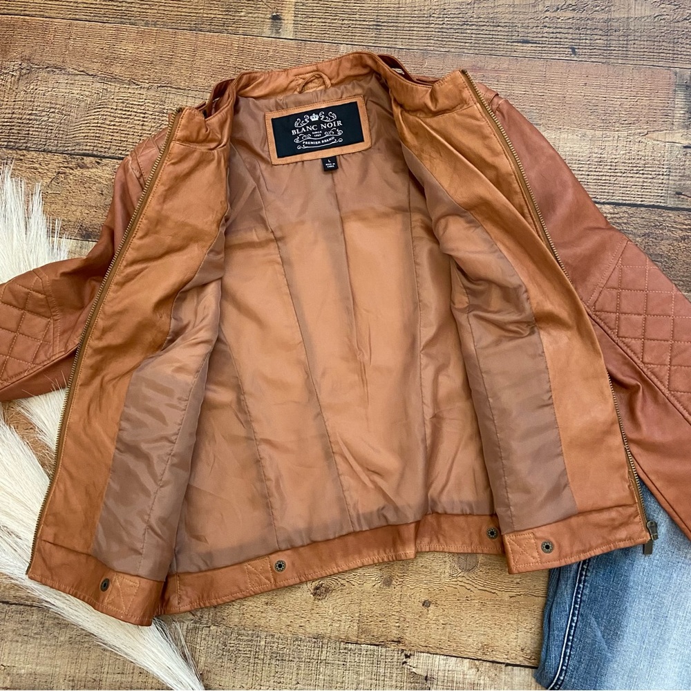 Cognac Quilted Moto Vegan Leather Jacket by BLANC NOIR - Picture 6 of 15